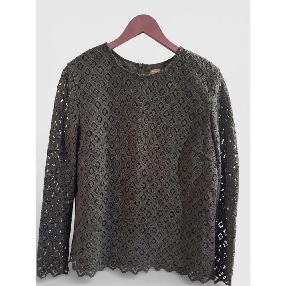 J. McLaughlin X-Large Black Crochet Overlay‎ Long Sleeve Top Work Wear Scalloped